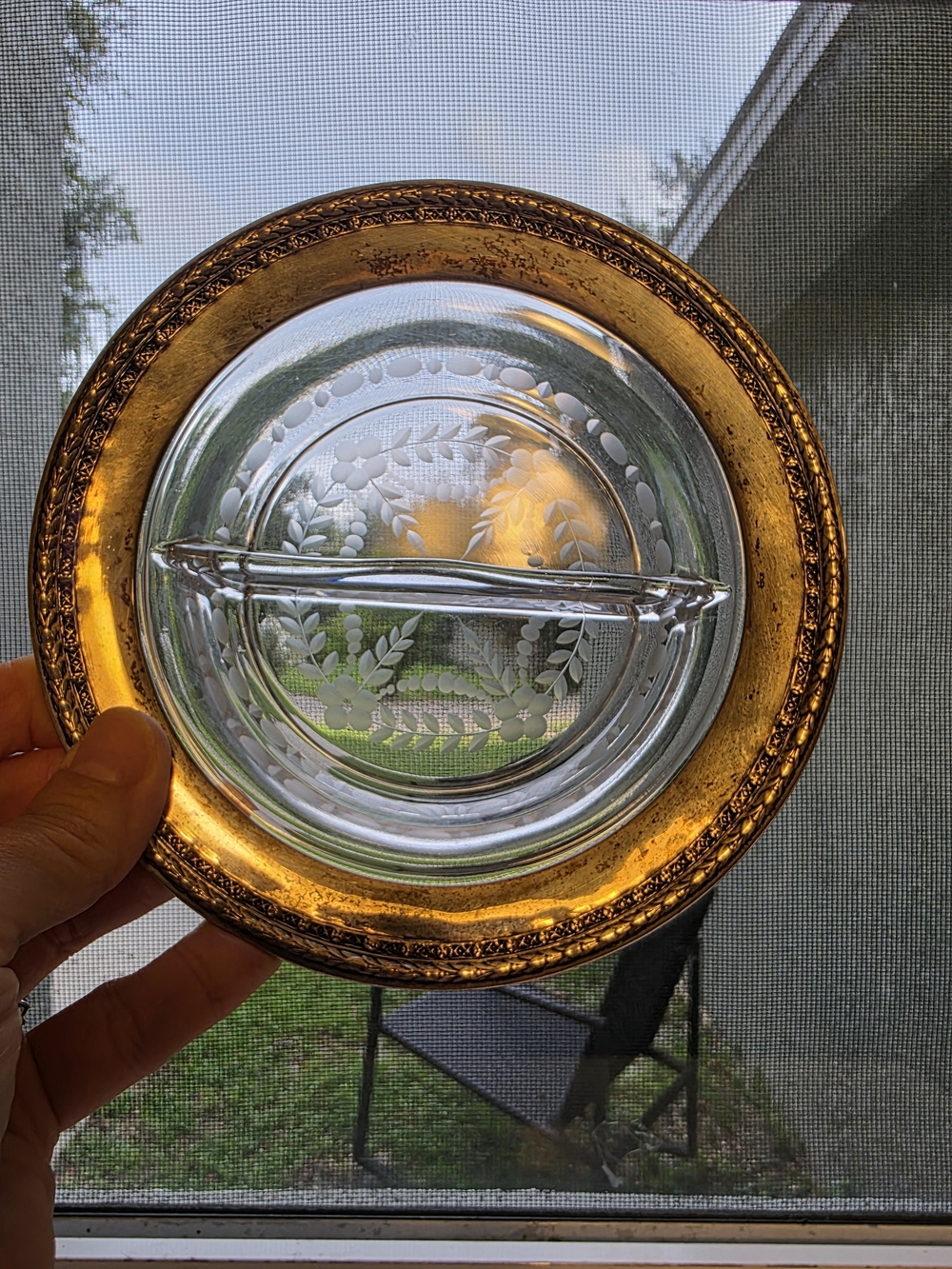 Antique Webster Sterling Silver (.925) Rimmed Etched Glass Coaster Dish, 1920s